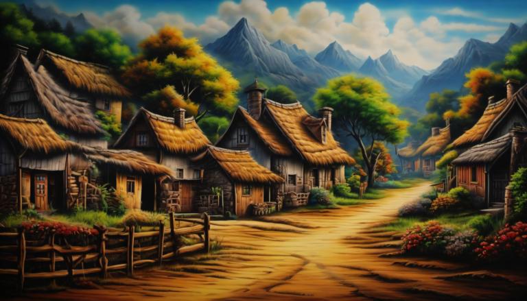 Airbrush Art,Airbrush Art, Village, village, no humans, scenery, tree, sky, outdoors, cloud, house, mountain