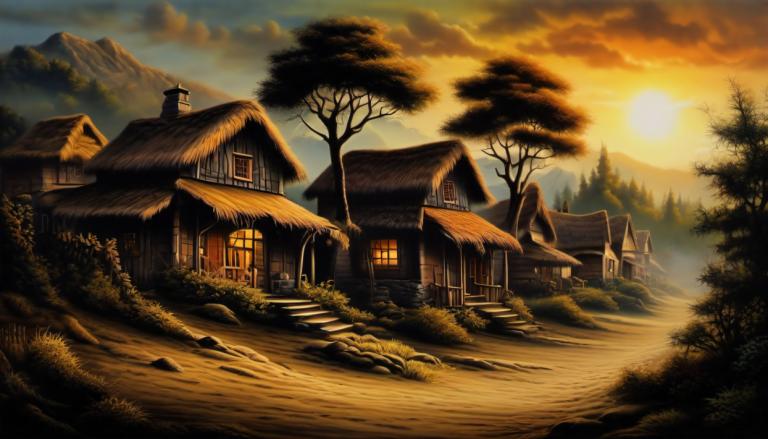 Airbrush Art,Airbrush Art, Village, village, tree, no humans, scenery, house, sunset, outdoors, sky, cloud