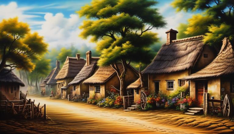 Airbrush Art,Airbrush Art, Village, village, no humans, tree, scenery, sky, house, cloud, outdoors, day