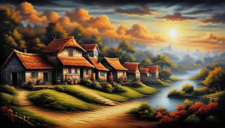 Airbrush Art,Airbrush Art, Village, village, no humans, cloud, scenery, tree, sky, house, outdoors, water