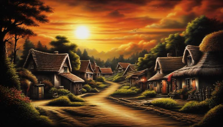 Airbrush Art,Airbrush Art, Village, village, no humans, scenery, sunset, sky, tree, cloud, house, outdoors