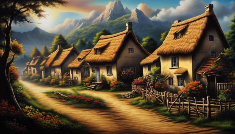 Airbrush Art,Airbrush Art, Village, village, no humans, tree, scenery, sky, house, outdoors, cloud, mountain