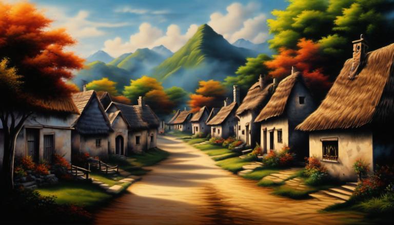 Airbrush Art,Airbrush Art, Village, village, no humans, scenery, tree, sky, outdoors, cloud, house, day