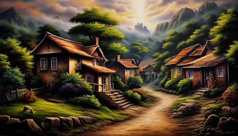 Airbrush Art,Airbrush Art, Village, village, no humans, scenery, tree, cloud, house, outdoors, sky, mountain