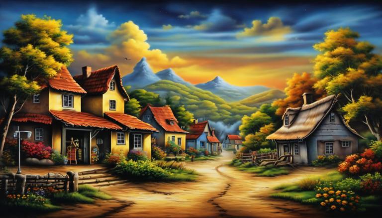 Airbrush Art,Airbrush Art, Village, village, no humans, tree, scenery, house, sky, outdoors, cloud, mountain