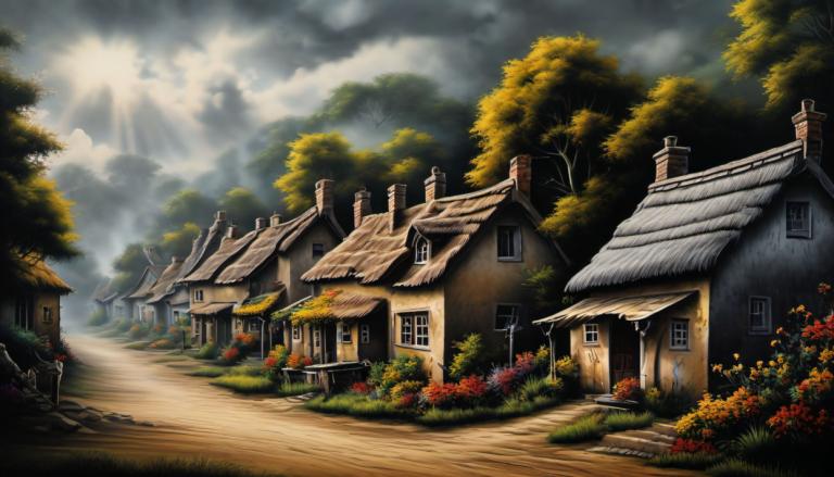 Airbrush Art,Airbrush Art, Village, village, no humans, tree, cloud, scenery, sky, outdoors, house, flower