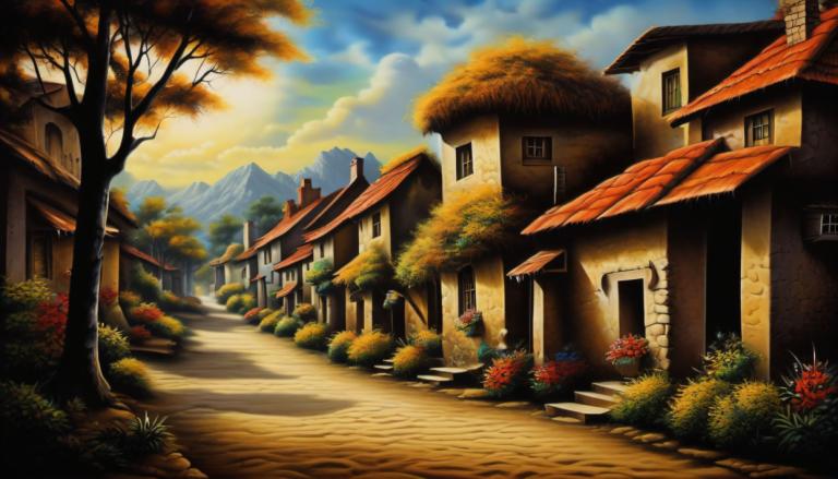 Airbrush Art,Airbrush Art, Village, village, no humans, tree, scenery, sky, cloud, outdoors, house, flower