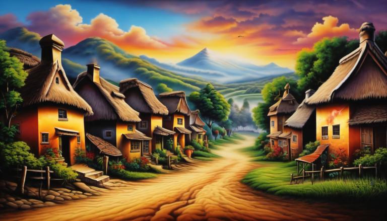 Airbrush Art,Airbrush Art, Village, village, no humans, house, scenery, mountain, outdoors, sky, tree, cloud