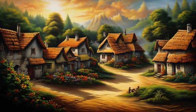 Airbrush Art,Airbrush Art, Village, village, scenery, house, flower, tree, outdoors, sky, no humans, cloud