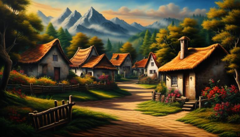 Airbrush Art,Airbrush Art, Village, village, no humans, tree, scenery, outdoors, sky, cloud, house, flower