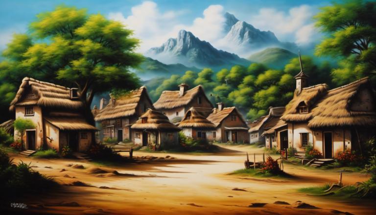 Airbrush Art,Airbrush Art, Village, village, no humans, scenery, sky, outdoors, tree, cloud, house, day