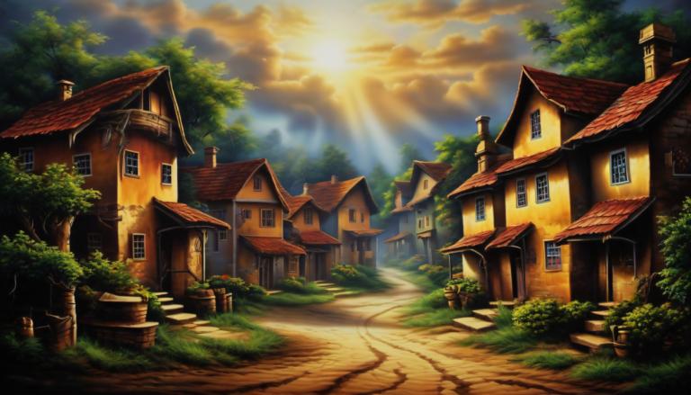 Airbrush Art,Airbrush Art, Village, village, no humans, scenery, tree, cloud, sky, outdoors, sunlight, house