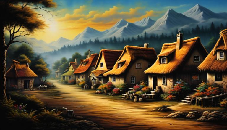 Airbrush Art,Airbrush Art, Village, village, tree, house, scenery, mountain, outdoors, no humans, sky, cloud