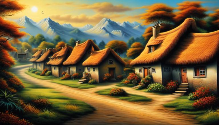 Airbrush Art,Airbrush Art, Village, village, tree, scenery, house, no humans, mountain, outdoors, sky, cloud