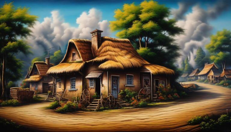 Airbrush Art,Airbrush Art, Village, village, no humans, tree, cloud, sky, scenery, house, outdoors, day