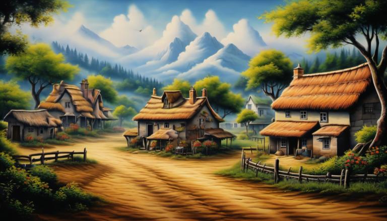 Airbrush Art,Airbrush Art, Village, village, tree, scenery, no humans, outdoors, house, sky, cloud, mountain