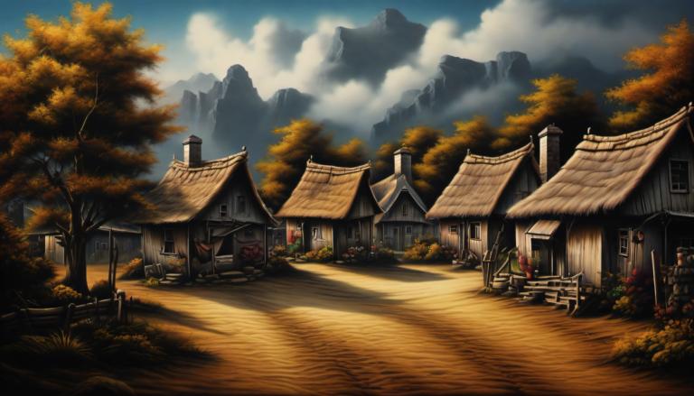 Airbrush Art,Airbrush Art, Village, village, tree, scenery, no humans, cloud, sky, outdoors, house, mountain