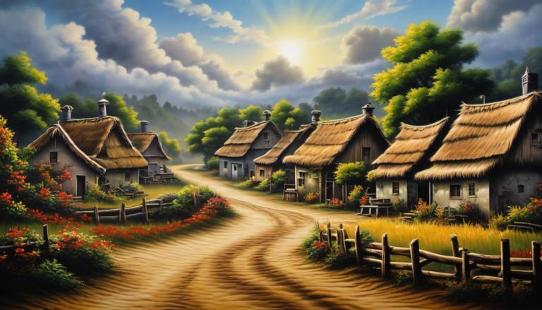 Airbrush Art,Airbrush Art, Village, village, no humans, cloud, scenery, sky, tree, outdoors, fence, house