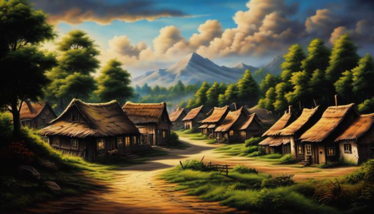 Airbrush Art,Airbrush Art, Village, village, no humans, cloud, scenery, outdoors, sky, house, tree, grass