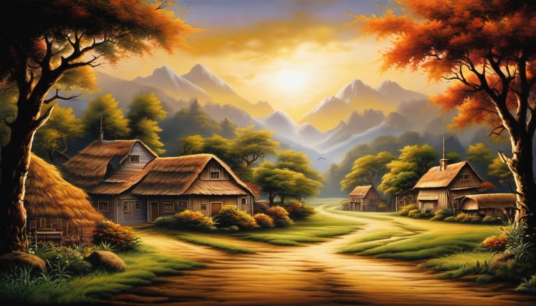 Airbrush Art,Airbrush Art, Village, village, no humans, tree, scenery, house, grass, outdoors, sky, mountain