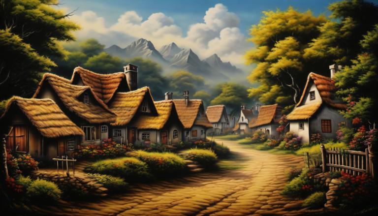 Airbrush-Art,Airbrush-Art, Dorf, Dorf, keine Menschen, Baum, Landschaft, draußen, Himmel, Wolke, Haus, Berg