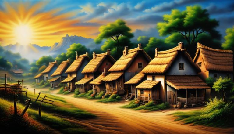 Airbrush Art,Airbrush Art, Village, village, no humans, tree, scenery, house, outdoors, sky, cloud, grass