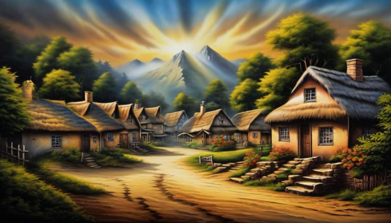 Airbrush Art,Airbrush Art, Village, village, scenery, no humans, tree, house, outdoors, mountain, sky, nature