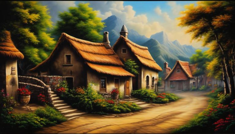 Airbrush Art,Airbrush Art, Village, village, no humans, scenery, tree, sky, outdoors, cloud, house, mountain