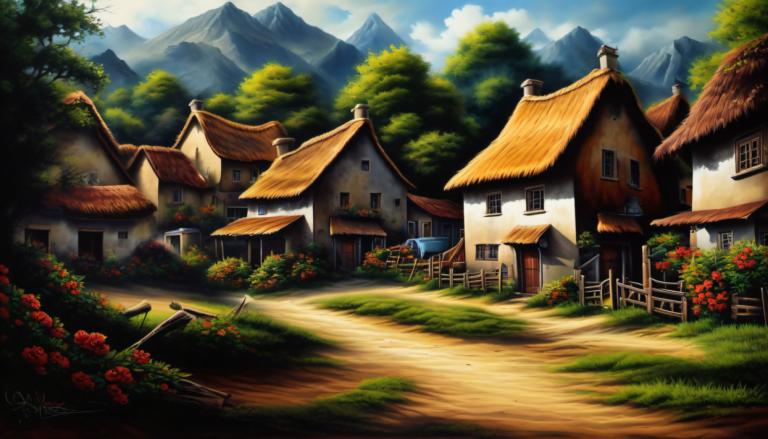 Airbrush-Art,Airbrush-Art, Dorf, Dorf, Haus, Landschaft, draußen, Baum, Himmel, keine Menschen, Wolke, Blume