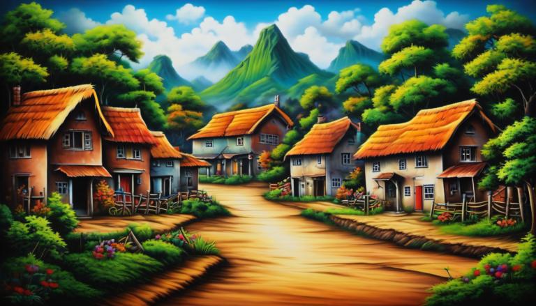 Airbrush Art,Airbrush Art, Village, village, no humans, house, tree, sky, outdoors, cloud, scenery, day