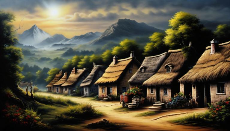 Airbrush-kunst,Airbrush-kunst, Dorp, dorp, huis, boom, landschap, berg, wolk, buitenshuis, lucht, bloem