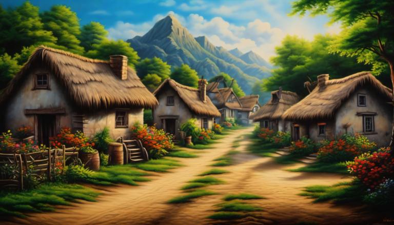 Airbrush Art,Airbrush Art, Village, village, no humans, scenery, house, outdoors, sky, tree, flower, cloud