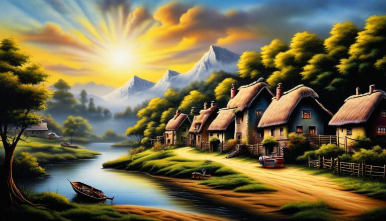 Airbrush Art,Airbrush Art, Village, village, no humans, tree, scenery, watercraft, river, mountain, house