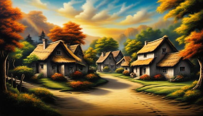 Airbrush Art,Airbrush Art, Village, village, no humans, tree, scenery, cloud, sky, outdoors, house, path