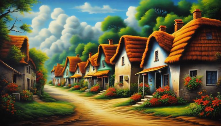 Airbrush Art,Airbrush Art, Village, village, no humans, tree, cloud, sky, scenery, house, outdoors, day