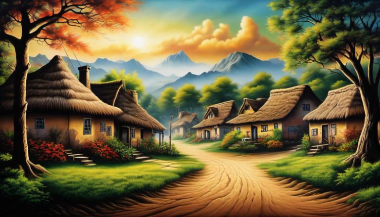 Airbrush Art,Airbrush Art, Village, village, no humans, tree, scenery, house, outdoors, sky, cloud, road