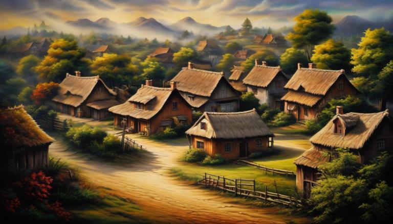 Airbrush Art,Airbrush Art, Village, village, scenery, no humans, tree, outdoors, house, cloud, sky, mountain