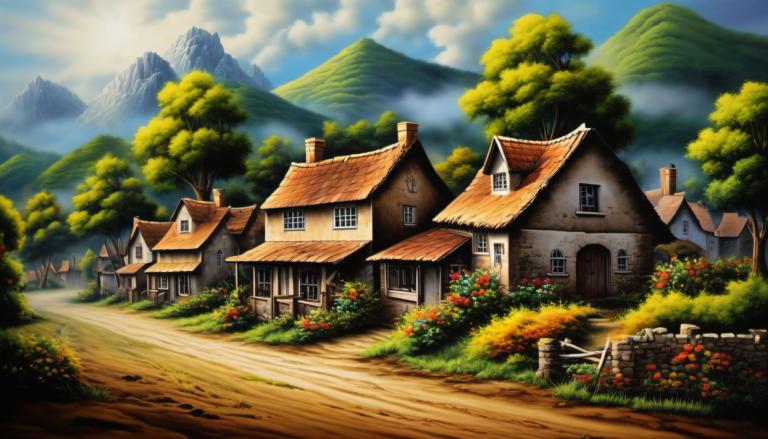 Airbrush Art,Airbrush Art, Village, village, no humans, scenery, outdoors, tree, house, sky, cloud, flower