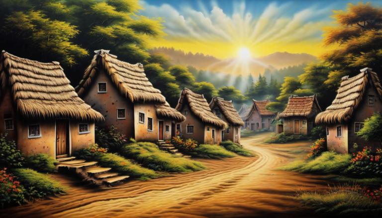 Airbrush Art,Airbrush Art, Village, village, no humans, tree, scenery, house, outdoors, sky, cloud, sun