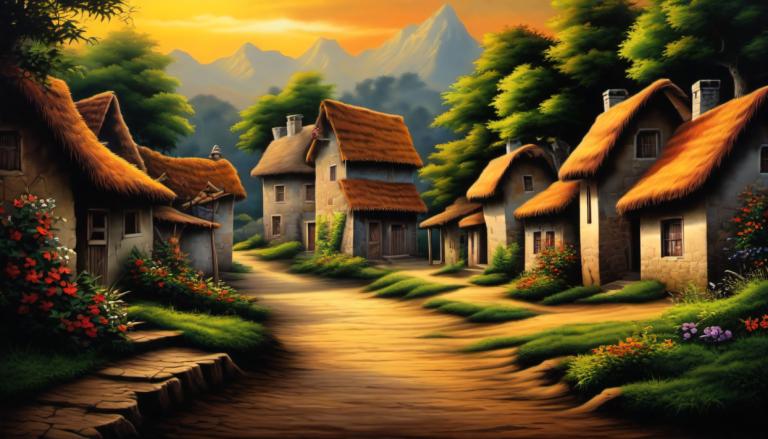 Airbrush Art,Airbrush Art, Village, village, no humans, scenery, tree, flower, house, outdoors, sky, grass