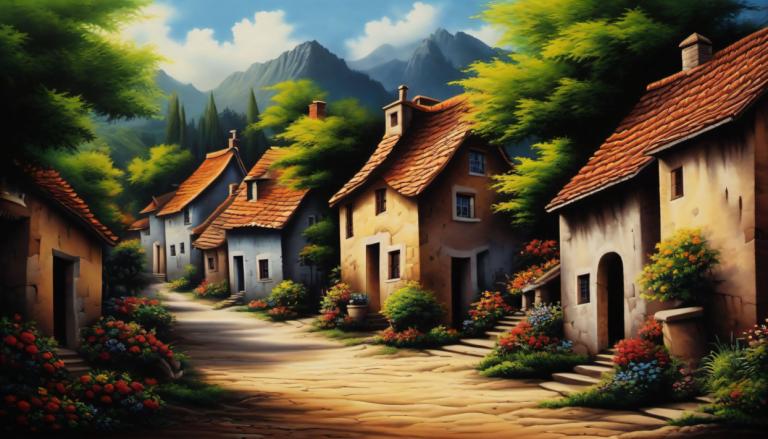 Airbrush Art,Airbrush Art, Village, village, no humans, scenery, sky, tree, outdoors, house, cloud, day