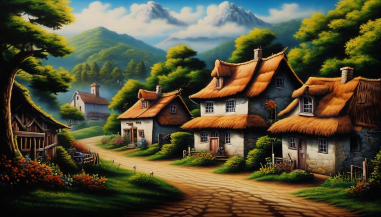 Airbrush Art,Airbrush Art, Village, village, no humans, scenery, tree, house, outdoors, sky, cloud, day