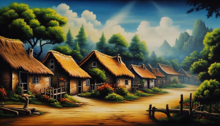 Airbrush Art,Airbrush Art, Village, village, tree, scenery, no humans, outdoors, sky, house, cloud, day