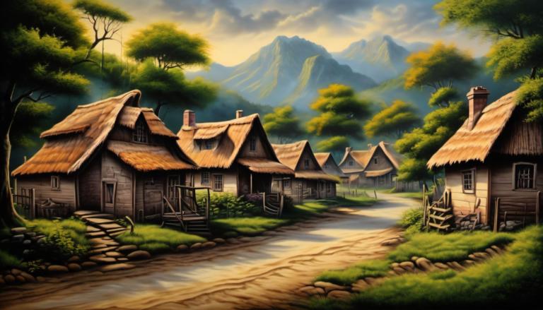 Airbrush Art,Airbrush Art, Village, village, no humans, scenery, tree, outdoors, house, cloud, sky, grass