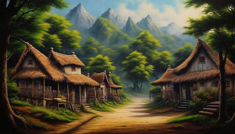 Airbrush Art,Airbrush Art, Village, village, no humans, scenery, tree, outdoors, sky, house, grass, cloud