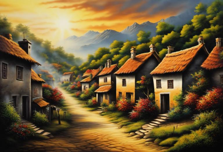 Airbrush Art,Airbrush Art, Village, village, no humans, scenery, tree, outdoors, sky, cloud, house, sunset