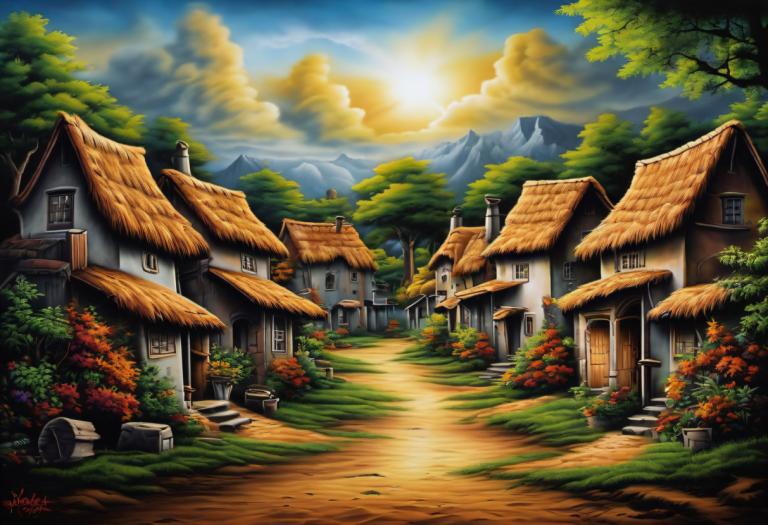 Airbrush Art,Airbrush Art, Village, village, no humans, scenery, tree, cloud, sky, outdoors, house, mountain