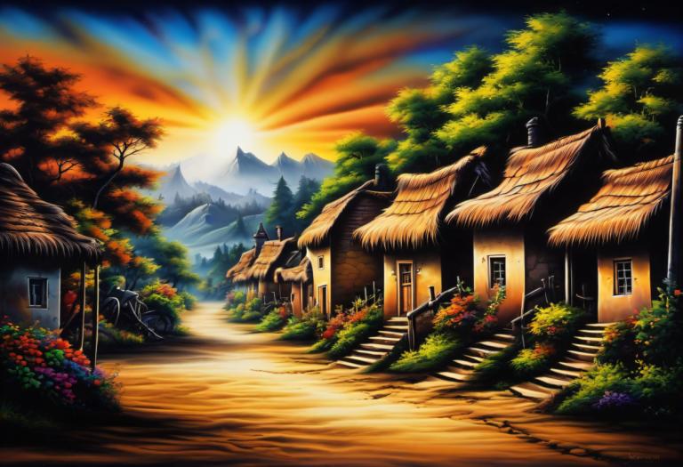 Airbrush Art,Airbrush Art, Village, village, no humans, scenery, tree, house, outdoors, ground vehicle