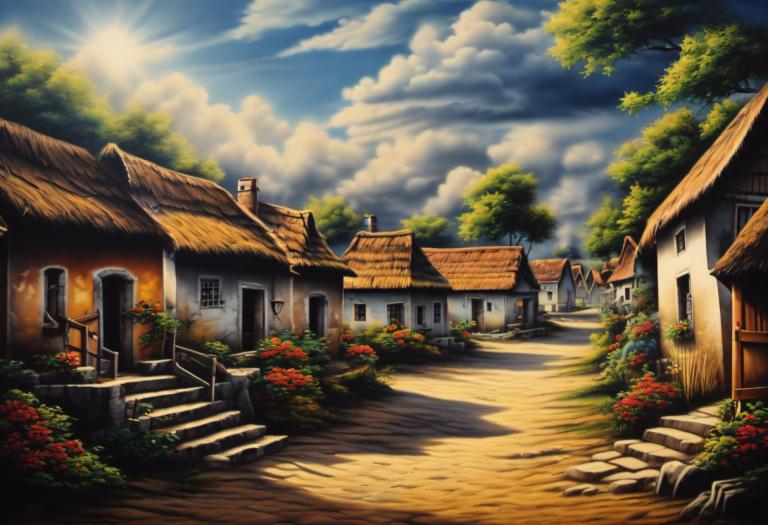 Airbrush Art,Airbrush Art, Village, village, no humans, scenery, cloud, sky, stairs, tree, outdoors, day