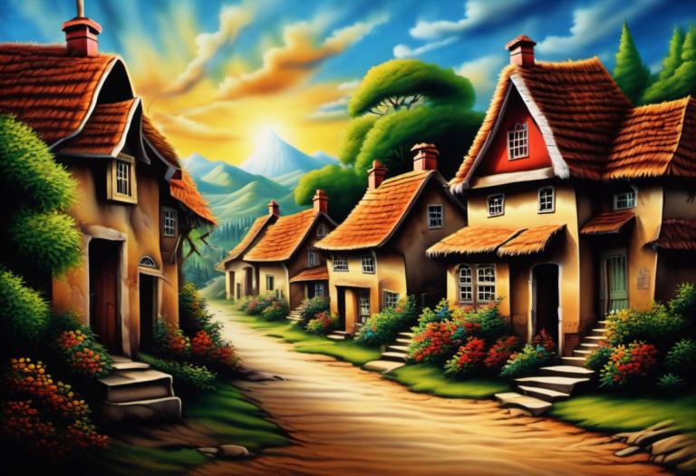 Airbrush Art,Airbrush Art, Village, village, no humans, scenery, sky, cloud, outdoors, tree, house, flower